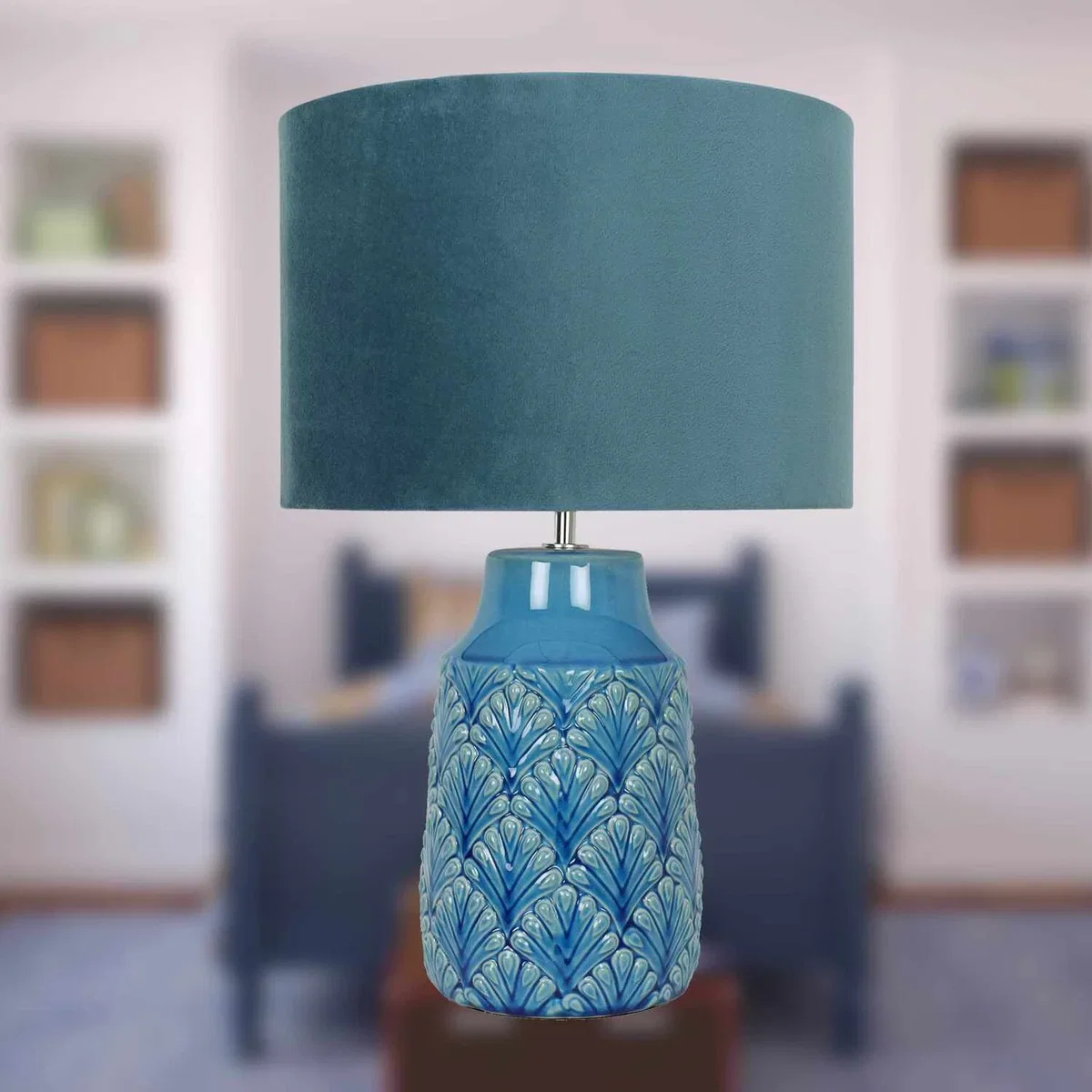 Set Of 2 Peacock Table Lamp With Shades - Translucent Teal Glaze And Teal Faux Velour – image 7