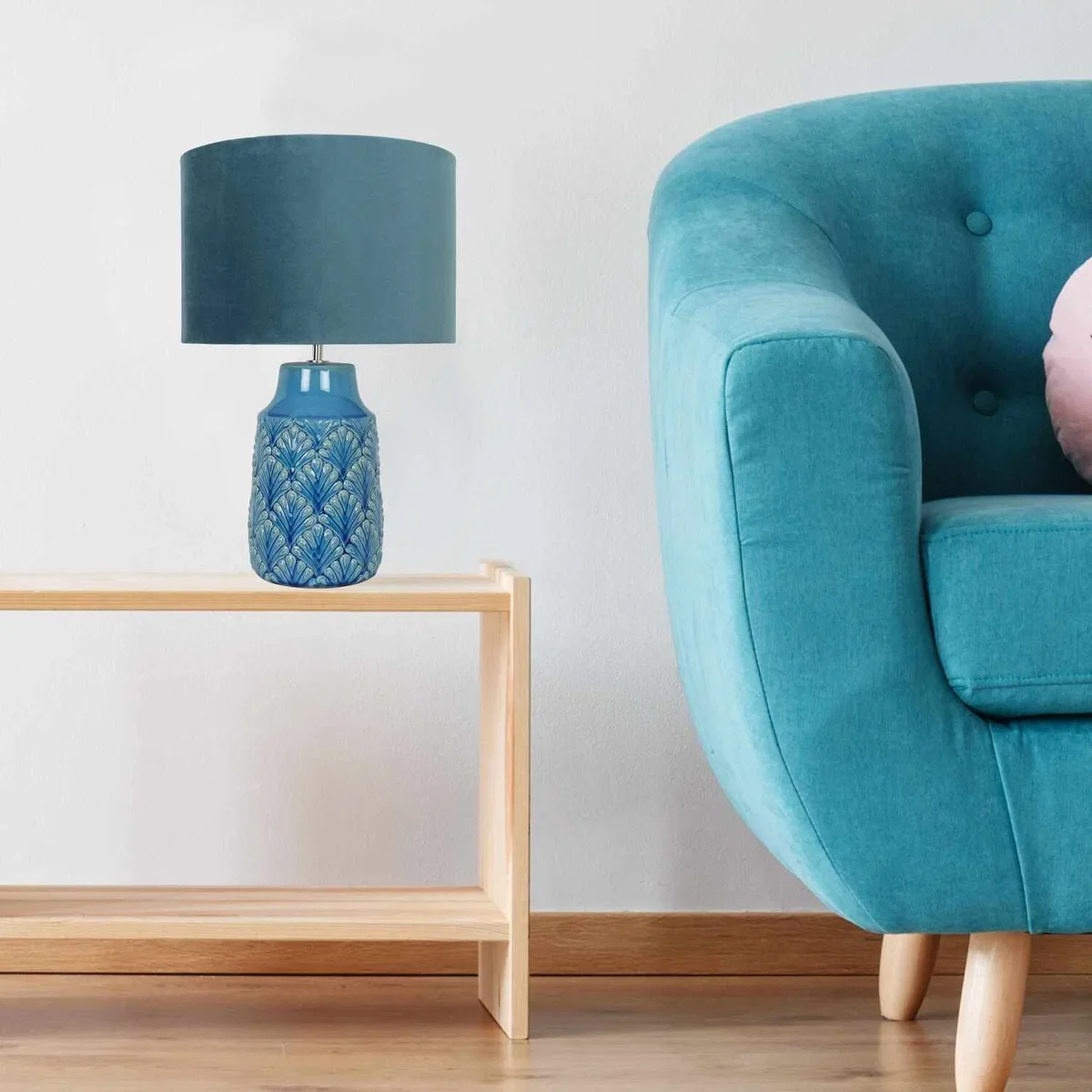 Set Of 2 Peacock Table Lamp With Shades - Translucent Teal Glaze And Teal Faux Velour – image 8