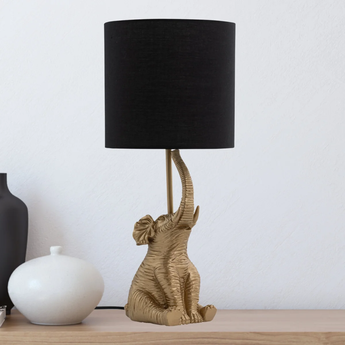Set Of 2 Elephant Table Lamp With Shades - Gold Resin And Black Cotton – image 2