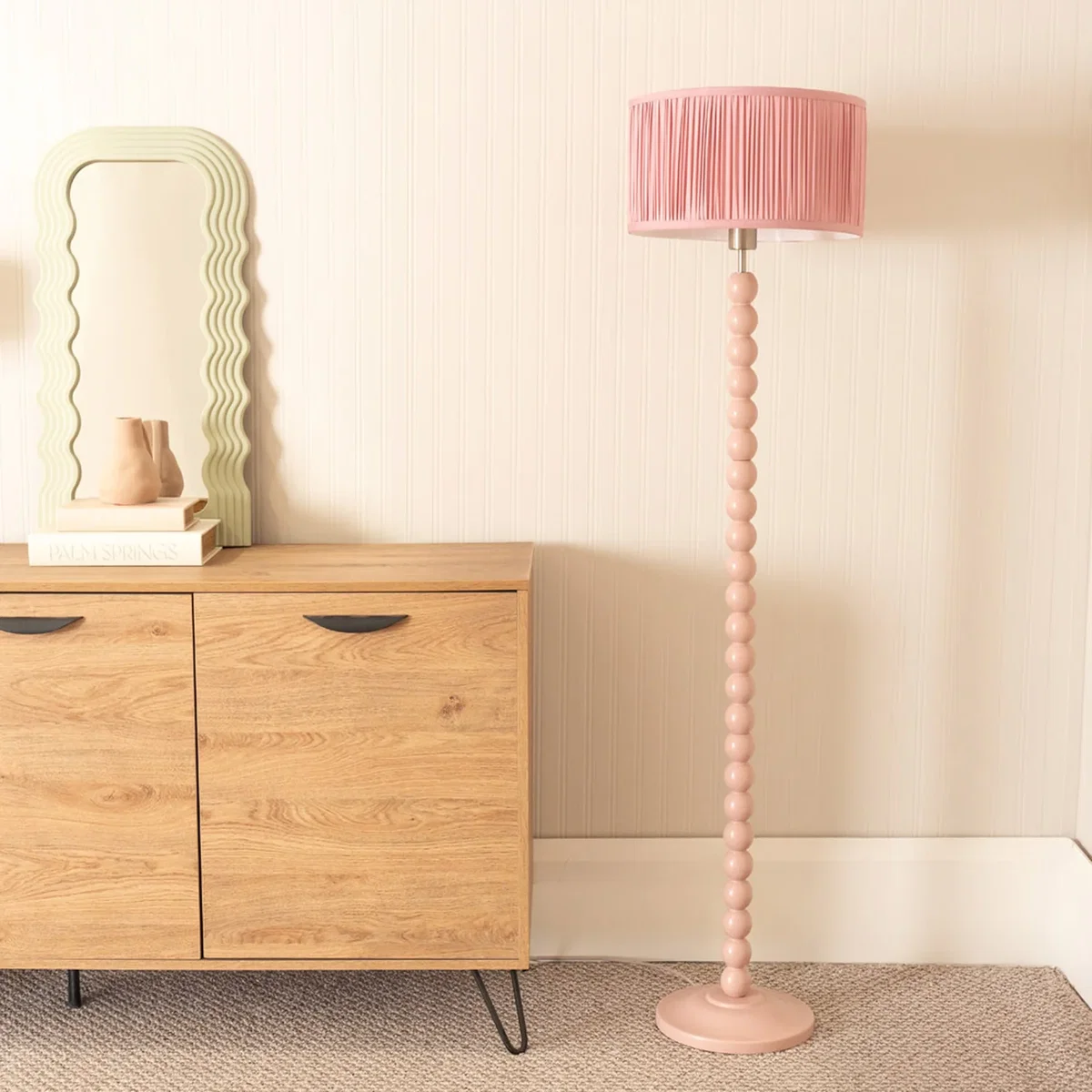 Bobbins Rose Floor Lamp with Ruched Drum Shade - Pink