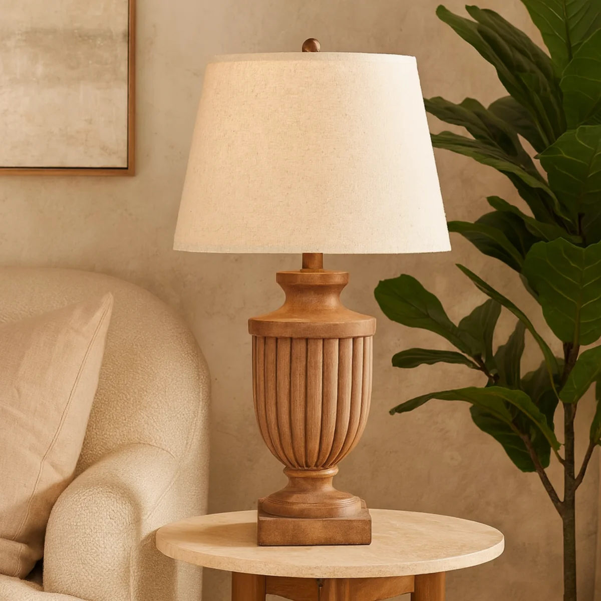 Auberville Fluted Resin Table Lamp with Tapered Linen Shade - Brown – image 1