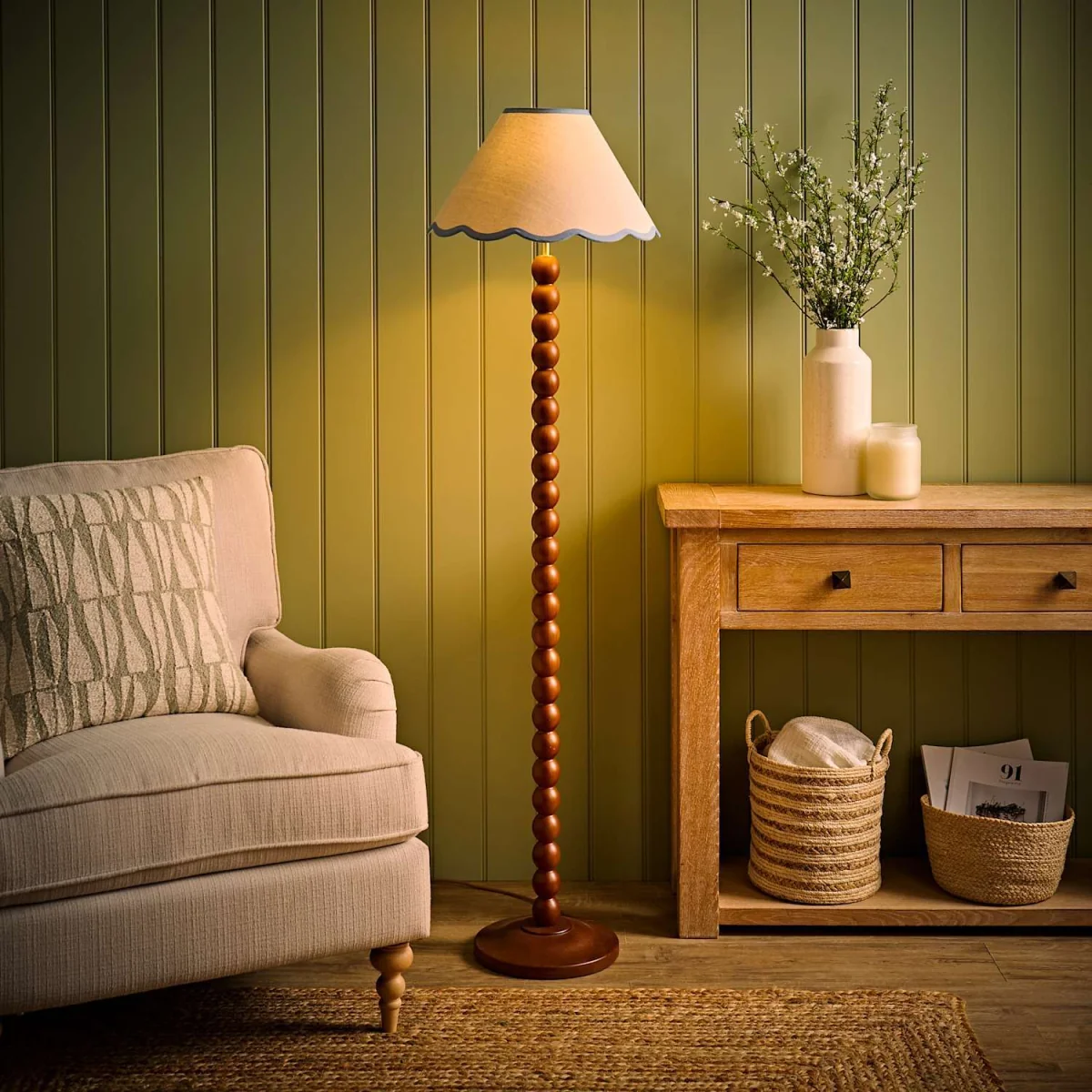 Bobbin Walnut Floor Lamp Linen Trim Shade Floor Lamp - Blue Trim / Yes - Walnut – image 4