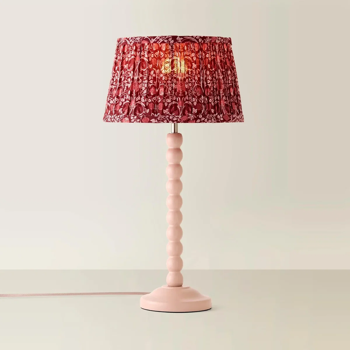 Bobbin Pink Wooden Bobble Table Lamp with Floral Pleated Shade - Burgundy / Yes - Burgundy – image 2