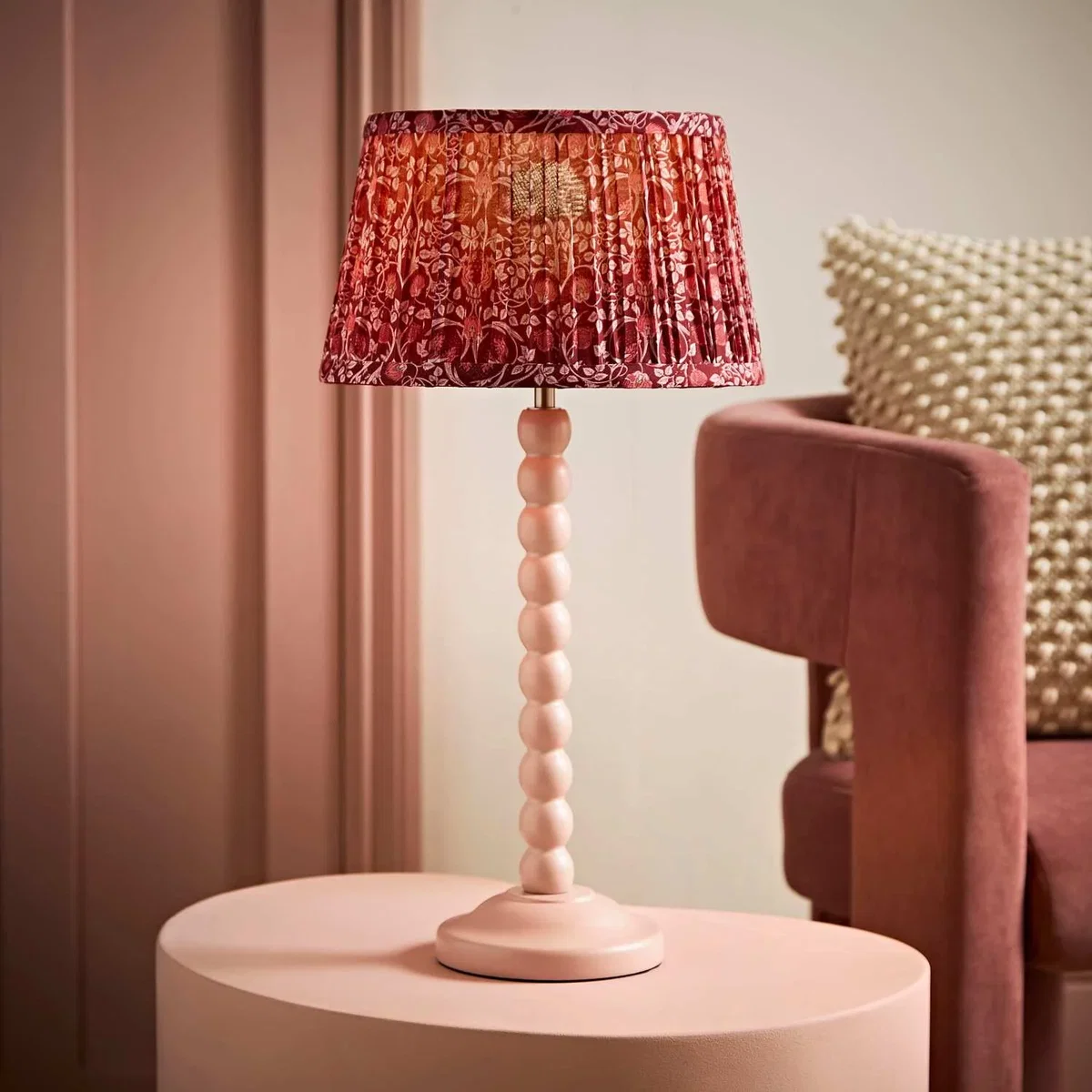 Bobbin Pink Wooden Bobble Table Lamp with Floral Pleated Shade - Burgundy / Yes - Burgundy – image 3
