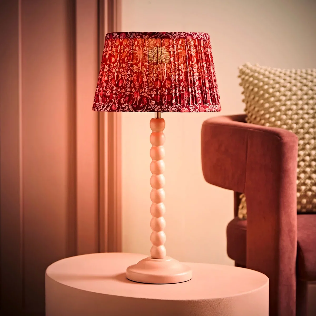 Bobbin Pink Wooden Bobble Table Lamp with Floral Pleated Shade - Burgundy / Yes - Burgundy – image 4