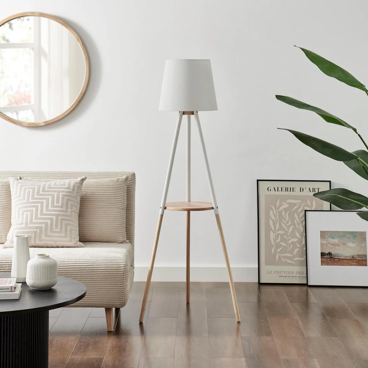 Kelsey White & Wood Tripod Standing Floor Lamp with Shelf - White – image 2