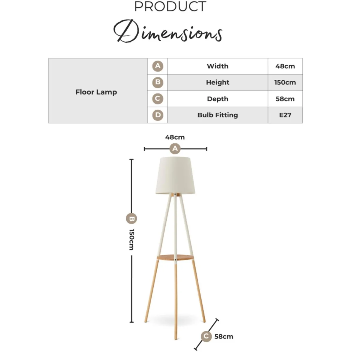 Kelsey White & Wood Tripod Standing Floor Lamp with Shelf - White – image 3