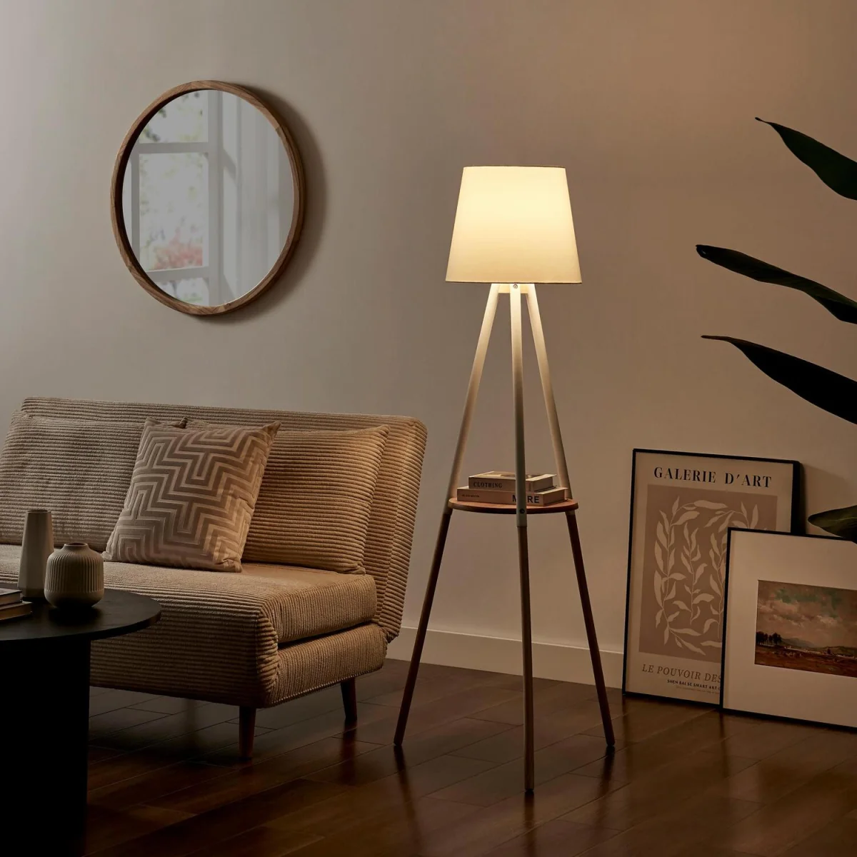 Kelsey White & Wood Tripod Standing Floor Lamp with Shelf - White – image 4
