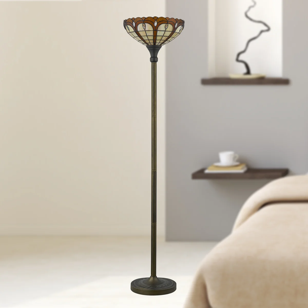 Winchester Uplighter Floor Lamp - Antique Brass Plate And Tiffany Decorated Glass – image 5