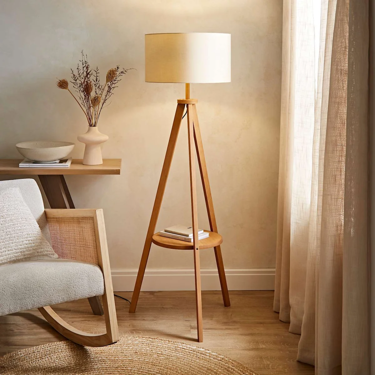 Morrigan Mid Wood Shelf Floor Lamp with Drum Shade - Mid Wood White Trim / Yes - Mid Wood / 3.9kg – image 3