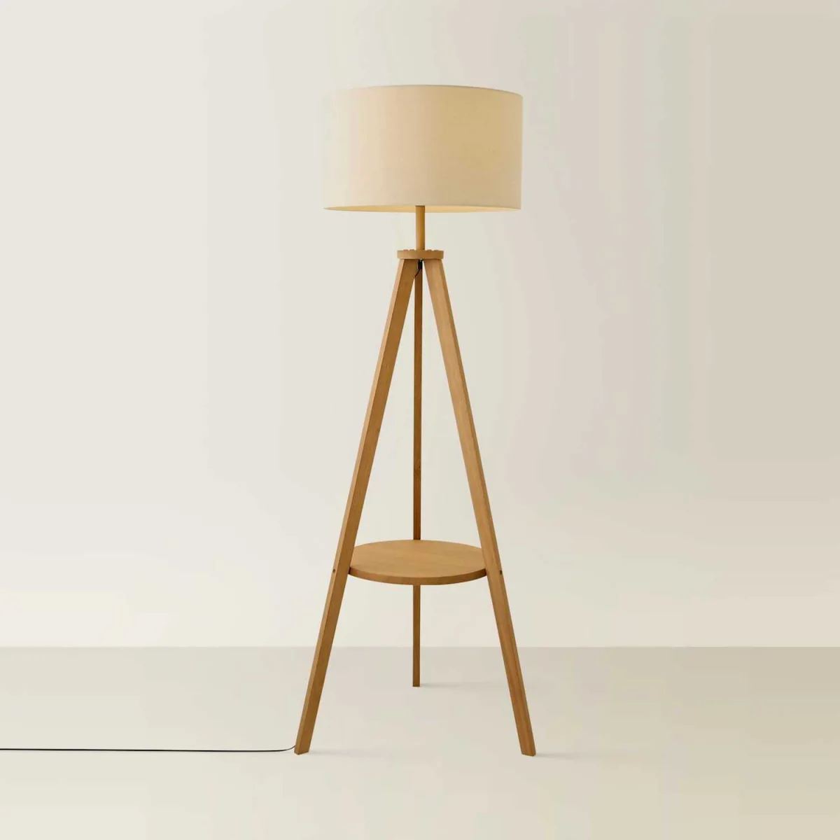 Morrigan Mid Wood Shelf Floor Lamp with Drum Shade - Mid Wood White Trim / Yes - Mid Wood / 3.9kg – image 4