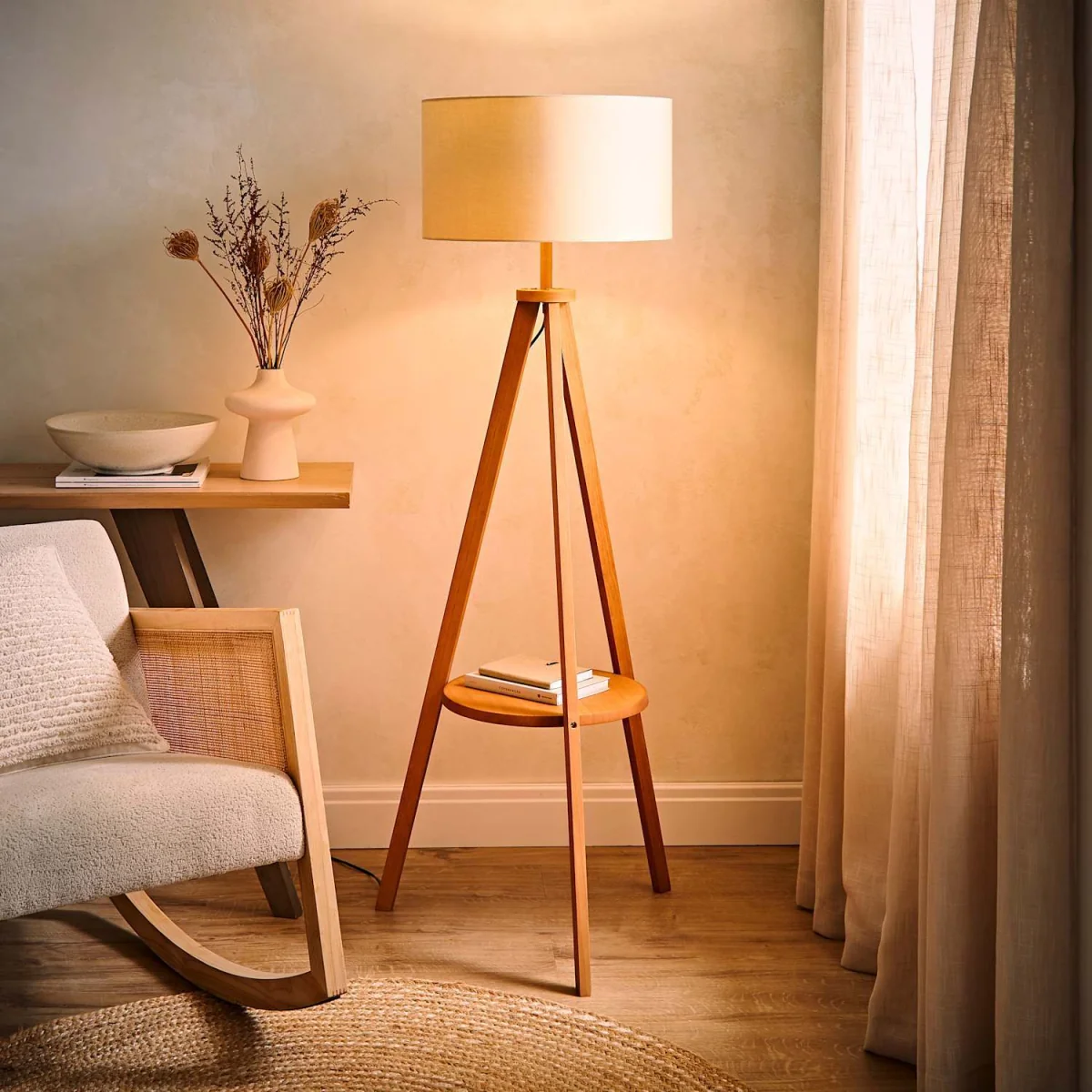 Morrigan Mid Wood Shelf Floor Lamp with Drum Shade - Mid Wood White Trim / Yes - Mid Wood / 3.9kg – image 5