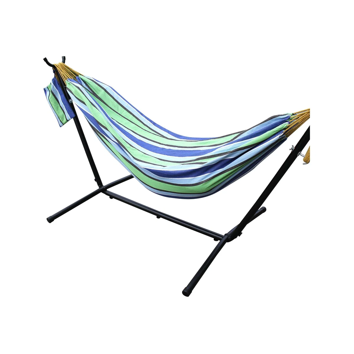 Ross James Double Cotton Hammock with Heavy Duty Metal Stand - Celeste and Yellow Stripe