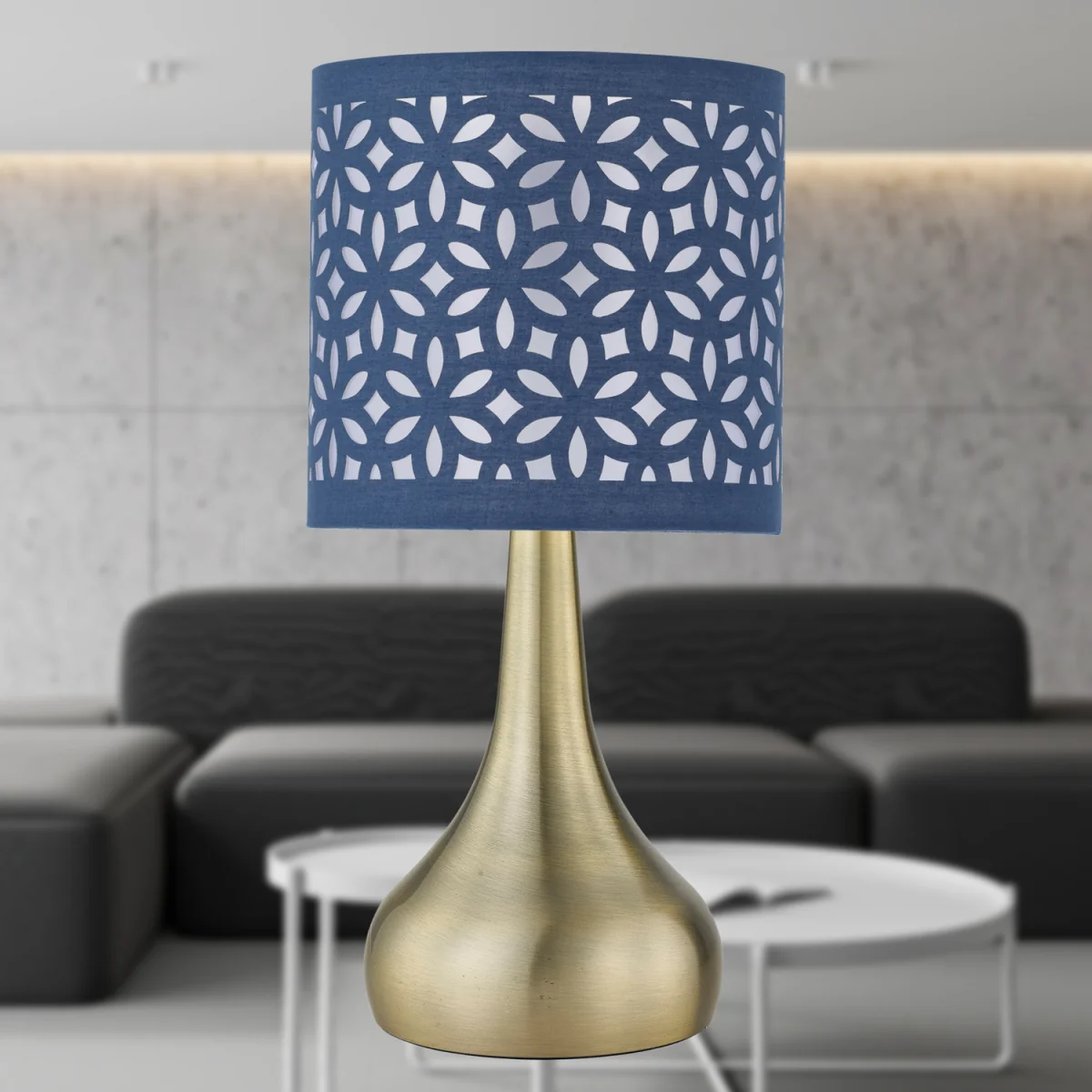 Romana Antique Brass Touch Table Lamp With Navy Blue Laser Cut Shade - Antique Brass & Blue – image 3