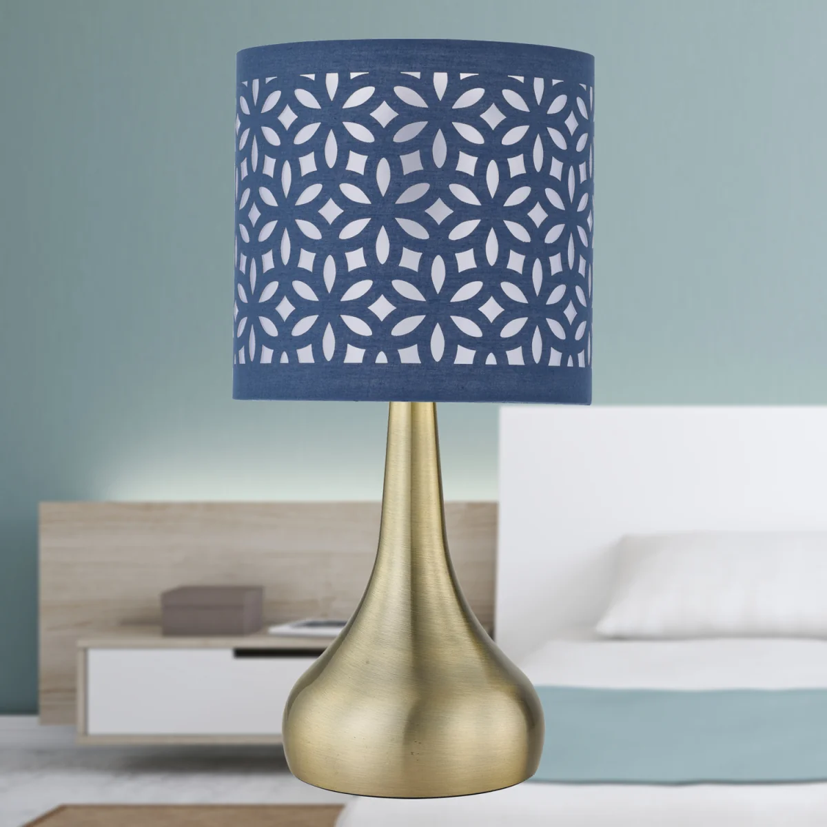 Romana Antique Brass Touch Table Lamp With Navy Blue Laser Cut Shade - Antique Brass & Blue – image 4