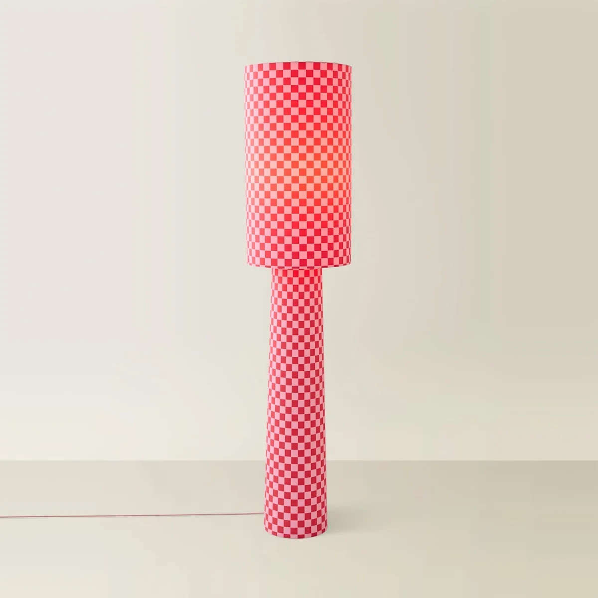 Pritchard Pink Checkerboard Drum Shade Full Fabric Midi Floor Lamp - Pink Checker / Yes - Pink Checkerboard – image 2
