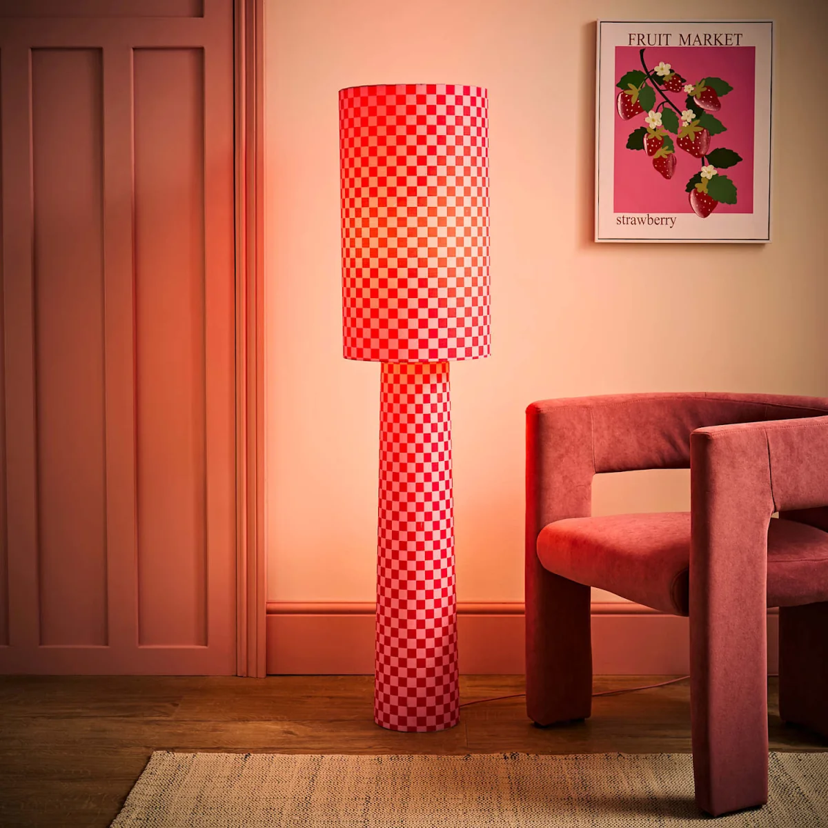 Pritchard Pink Checkerboard Drum Shade Full Fabric Midi Floor Lamp - Pink Checker / Yes - Pink Checkerboard – image 3