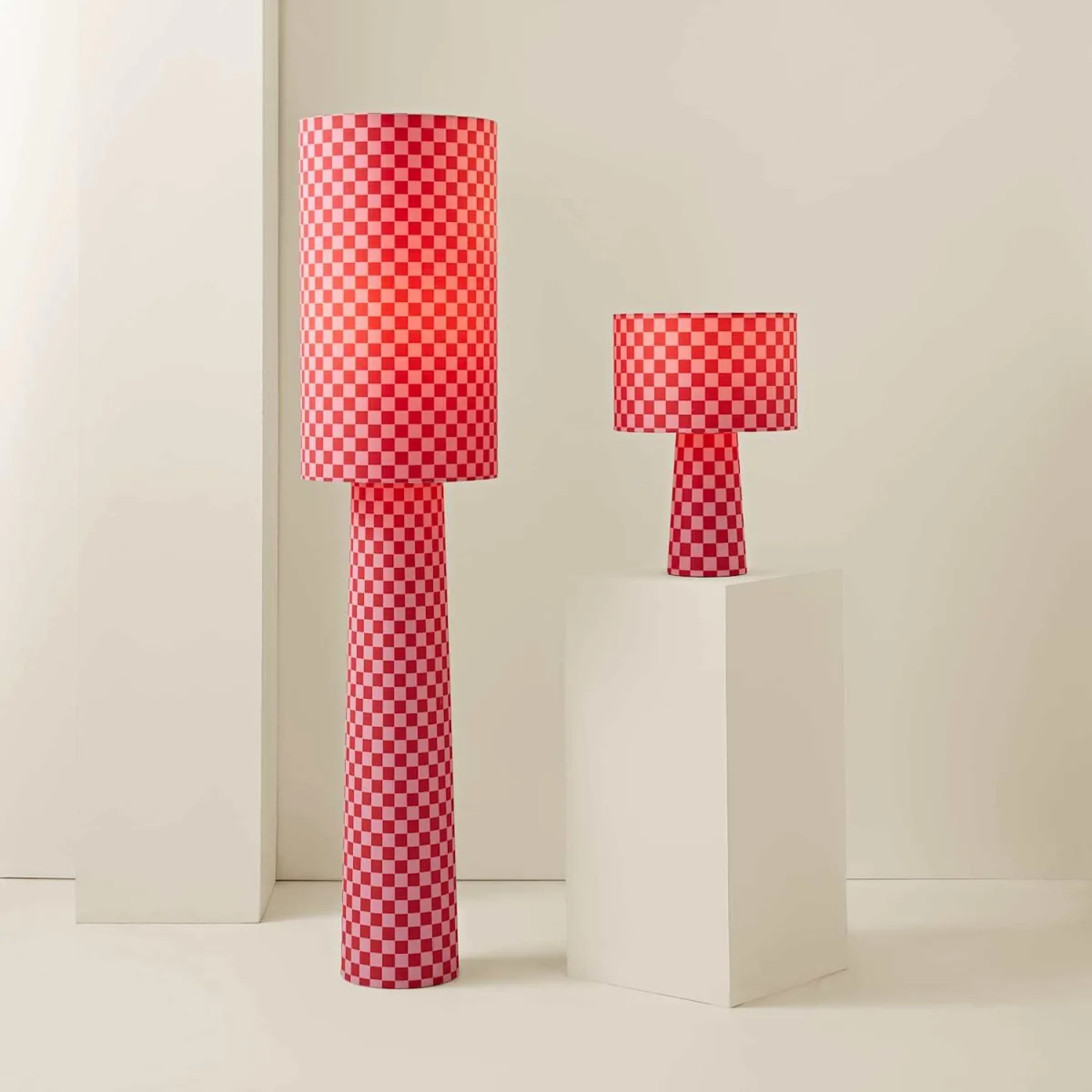 Pritchard Pink Checkerboard Drum Shade Full Fabric Midi Floor Lamp - Pink Checker / Yes - Pink Checkerboard – image 5