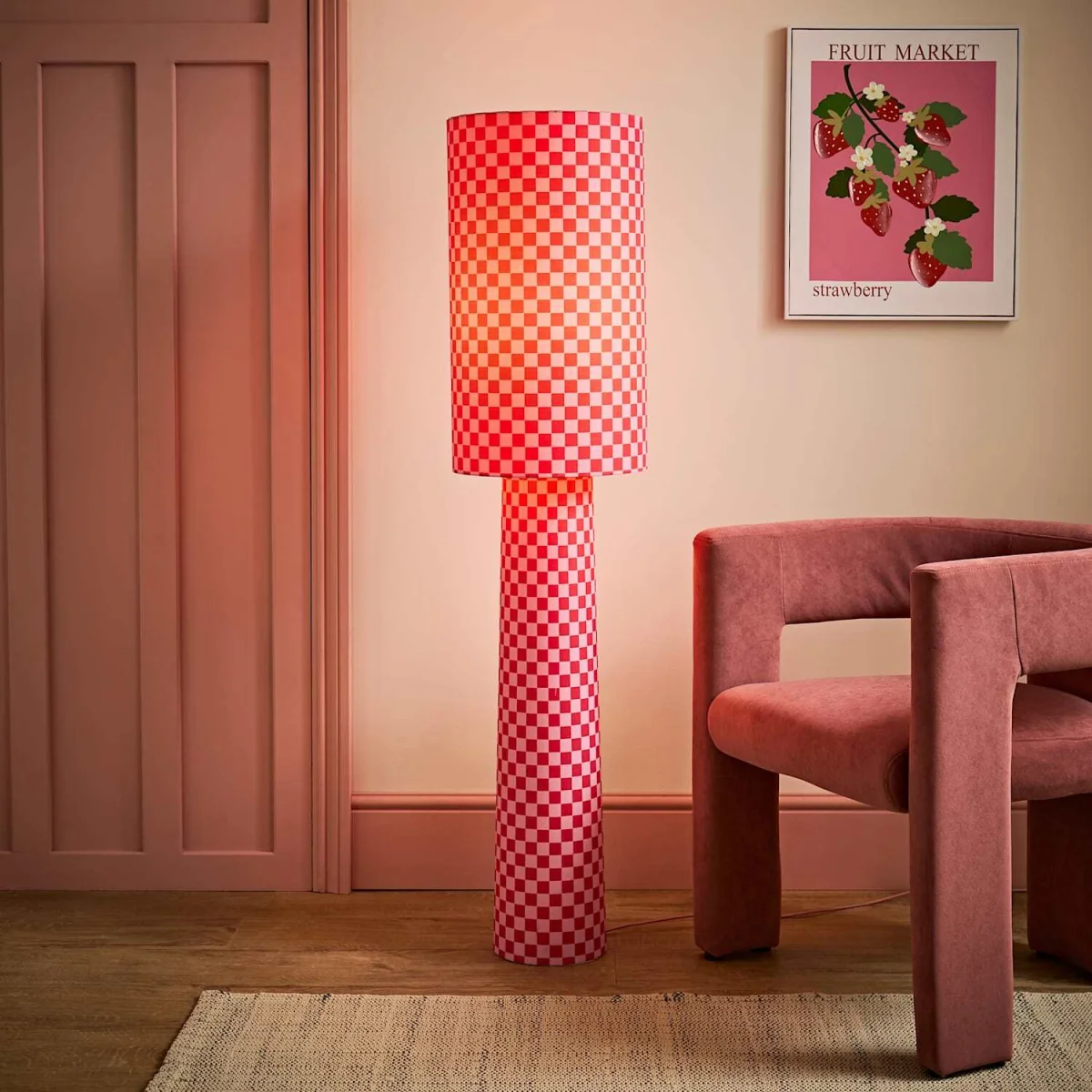 Pritchard Pink Checkerboard Drum Shade Full Fabric Midi Floor Lamp - Pink Checker / Yes - Pink Checkerboard – image 7