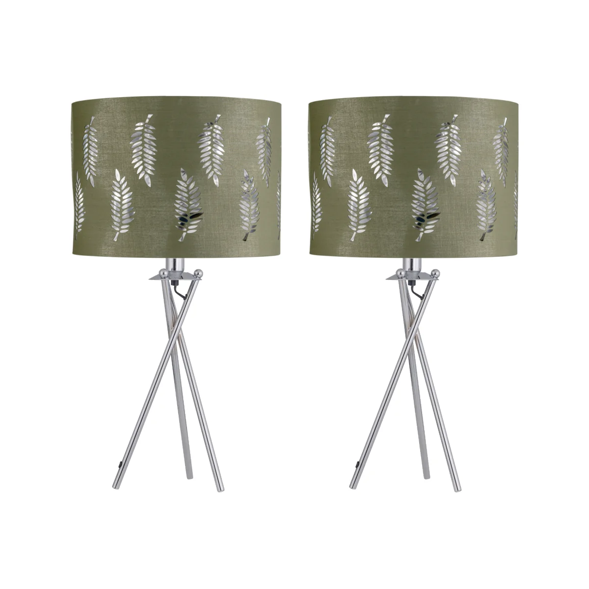 Set Of 2 Tripod Table Lamps With Sage Green Fern Cut Out Shades - Chrome & Sage Green – image 1