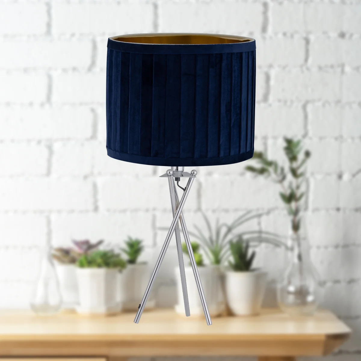 Sundance Chrome Tripod Table Lamp With Navy Blue Pleated Shade - Chrome & Blue – image 4
