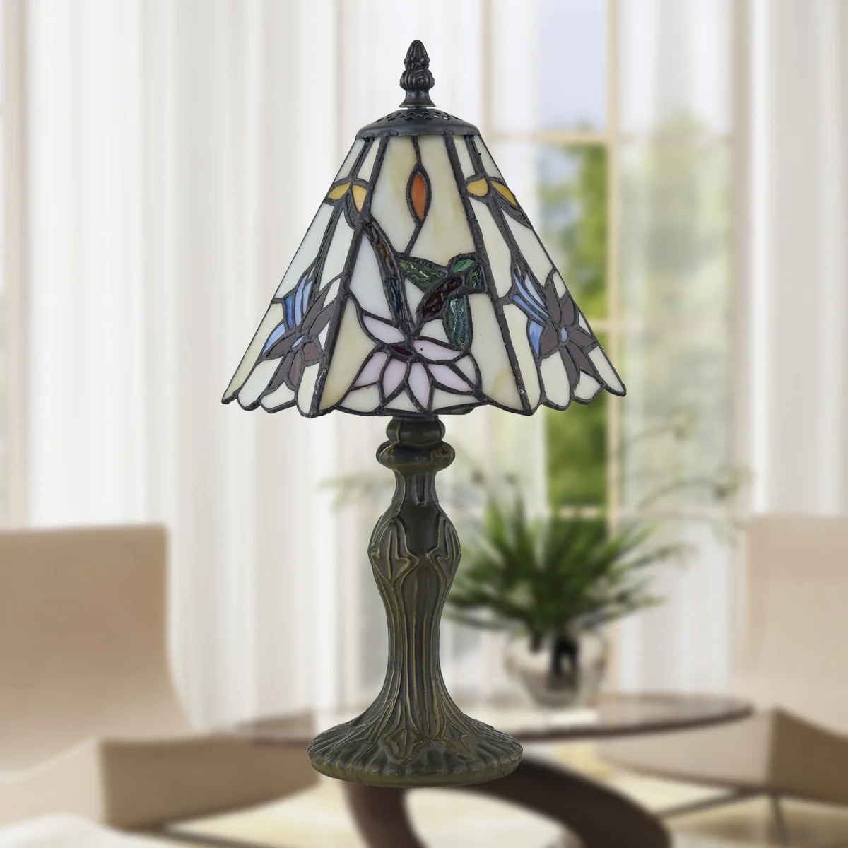 Chichester Table Lamp With Shade - Antique Brass And Tiffany Decorated Glass – image 7