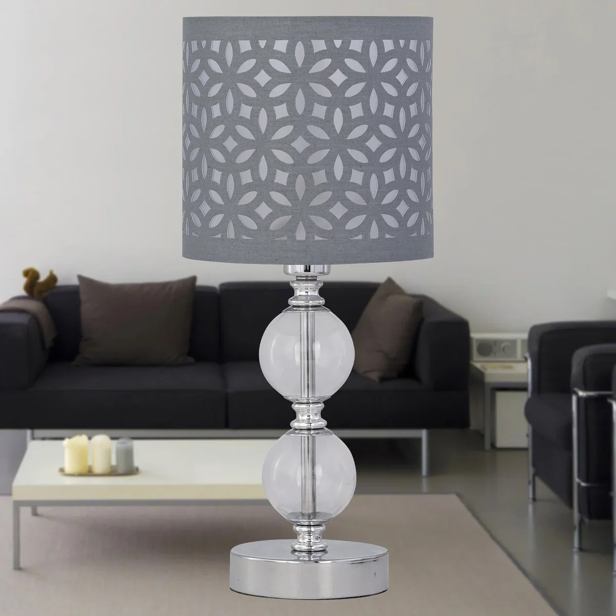 Set Of 2 Chrome Two Ball Table Lamps With Grey Cut Out Shades - Chrome & Grey – image 3