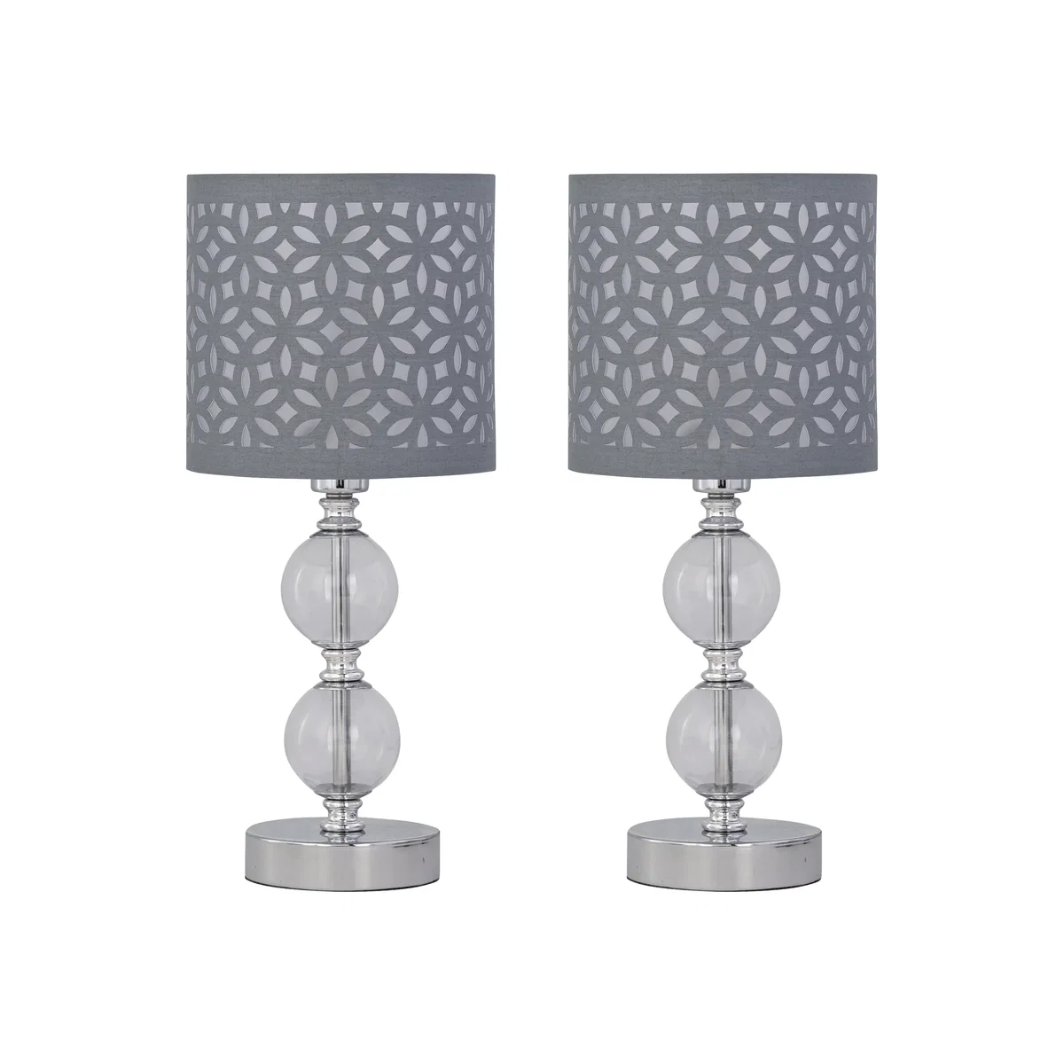 Set Of 2 Chrome Two Ball Table Lamps With Grey Cut Out Shades - Chrome & Grey – image 1