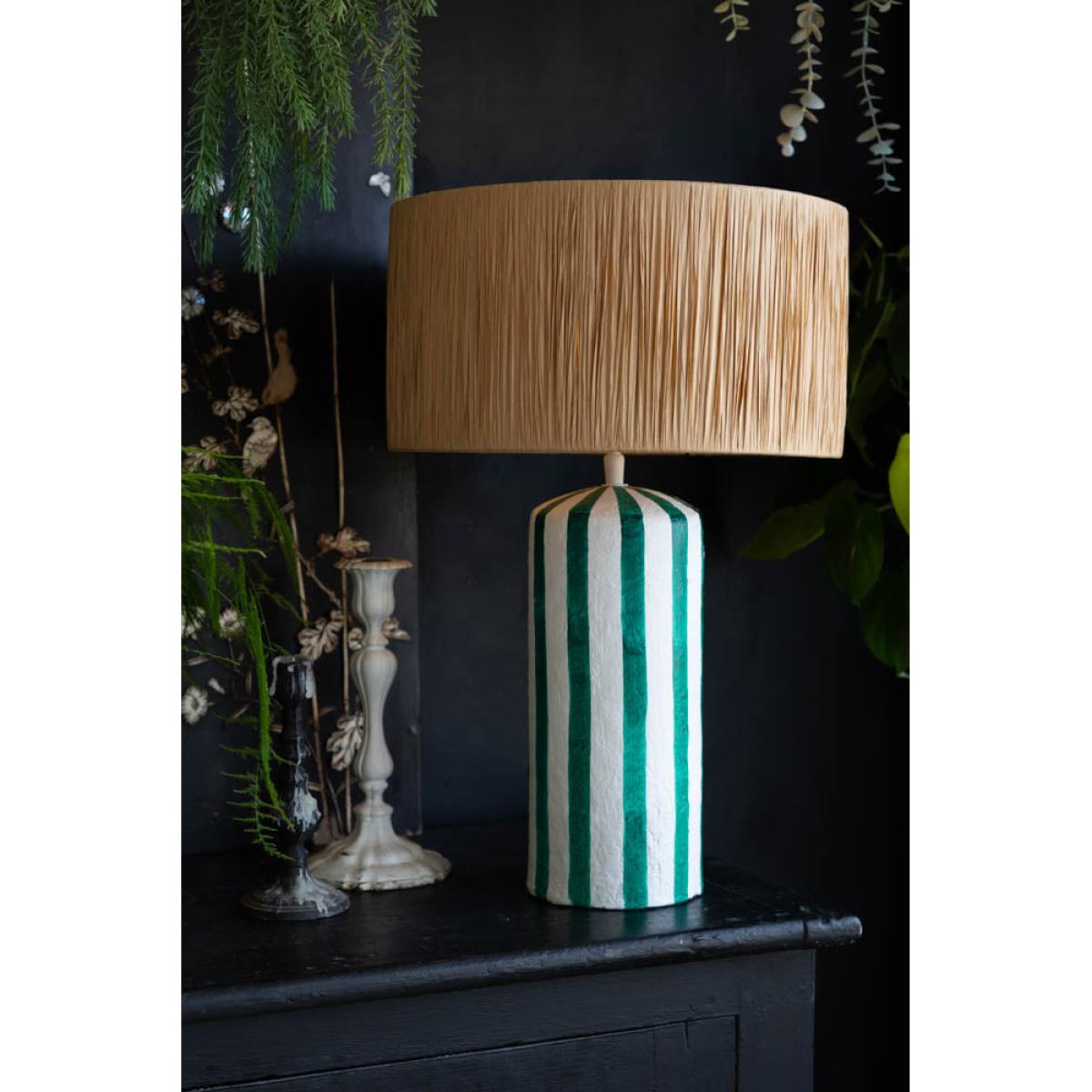 Deep Green & Off White Stripe Paper Mache Table Lamp – image 3