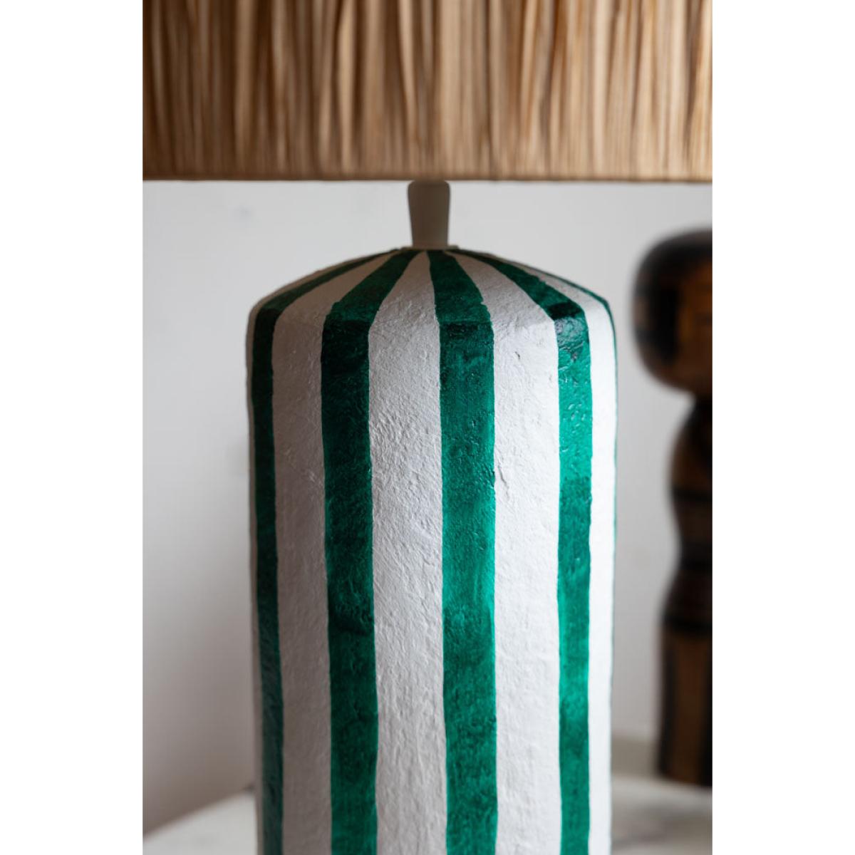 Deep Green & Off White Stripe Paper Mache Table Lamp – image 4