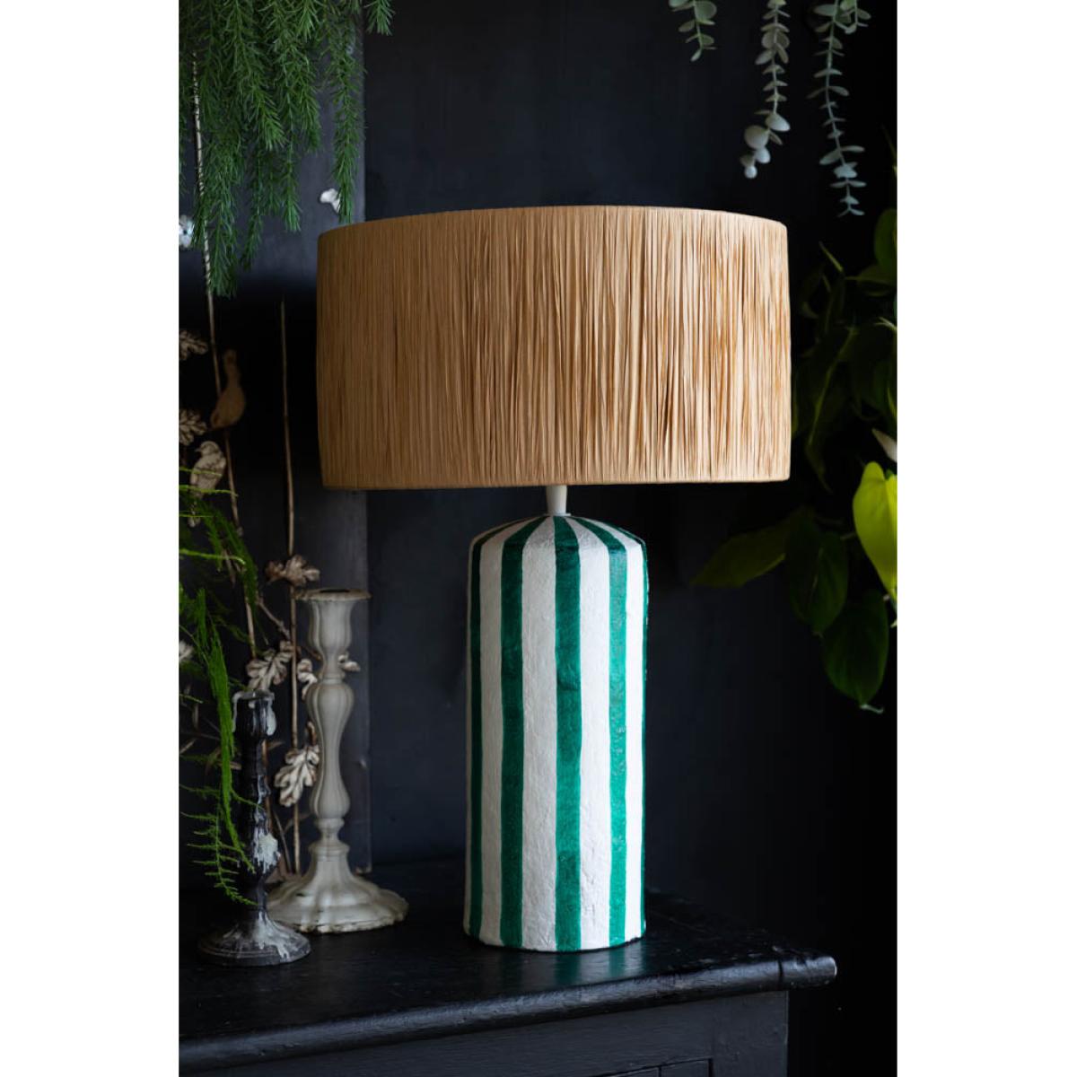 Deep Green & Off White Stripe Paper Mache Table Lamp – image 8
