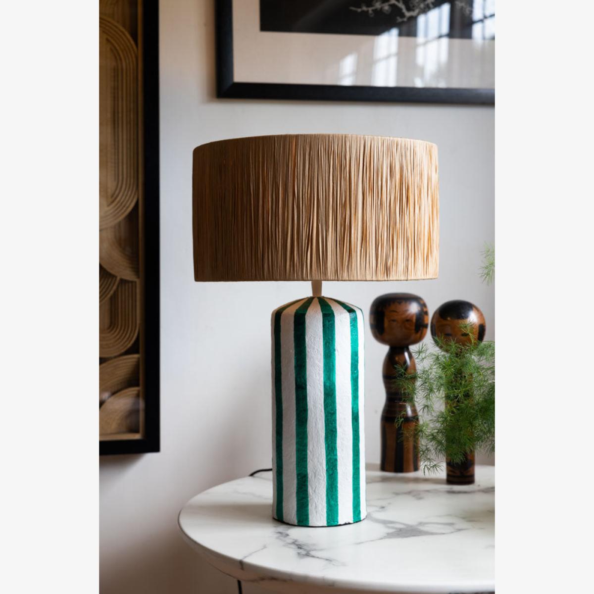 Deep Green & Off White Stripe Paper Mache Table Lamp – image 1