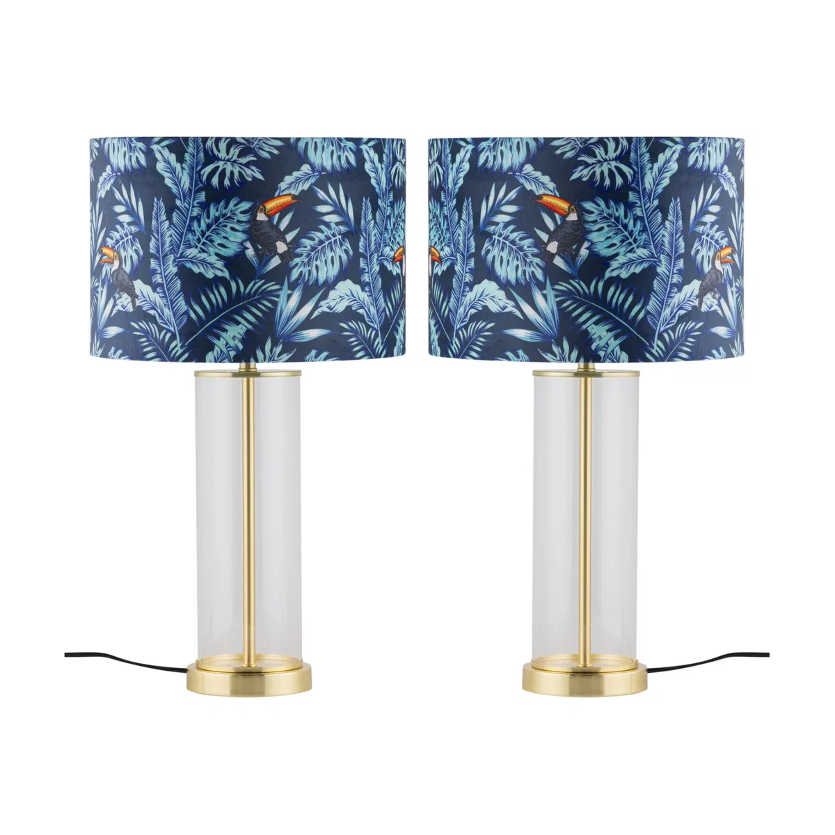 Set Of 2 Aura Satin Brass Lamps With Toucan Velvet Shades - Satin Brass & Toucan – image 1