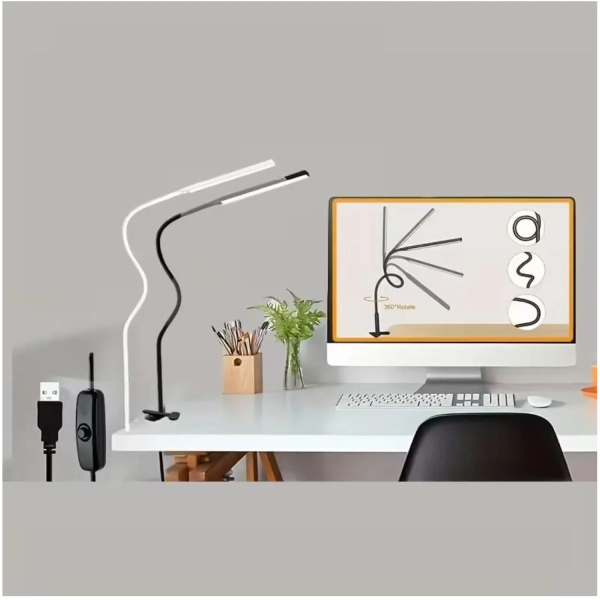LED Desk Lamp Clip Flexible Gooseneck USB Light - White – image 5