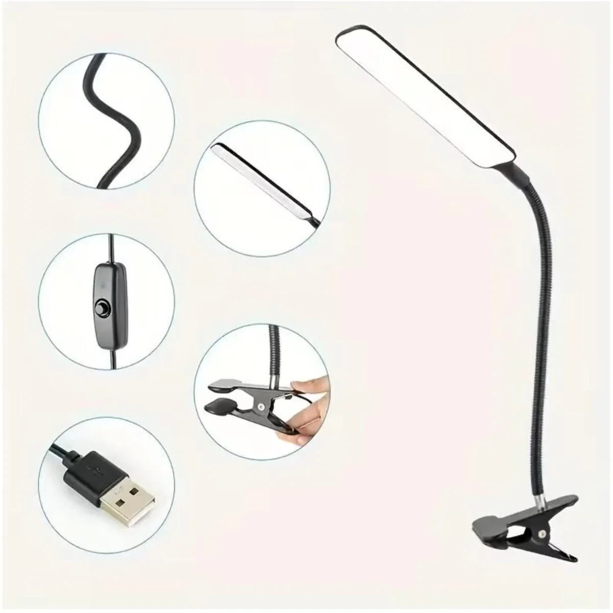 LED Desk Lamp Clip Flexible Gooseneck USB Light - White – image 6