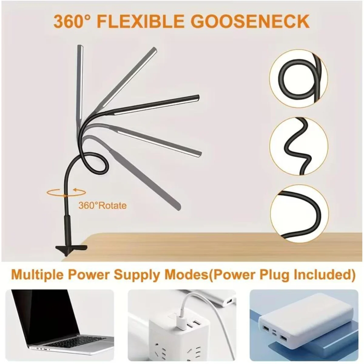 LED Desk Lamp Clip Flexible Gooseneck USB Light - White – image 7