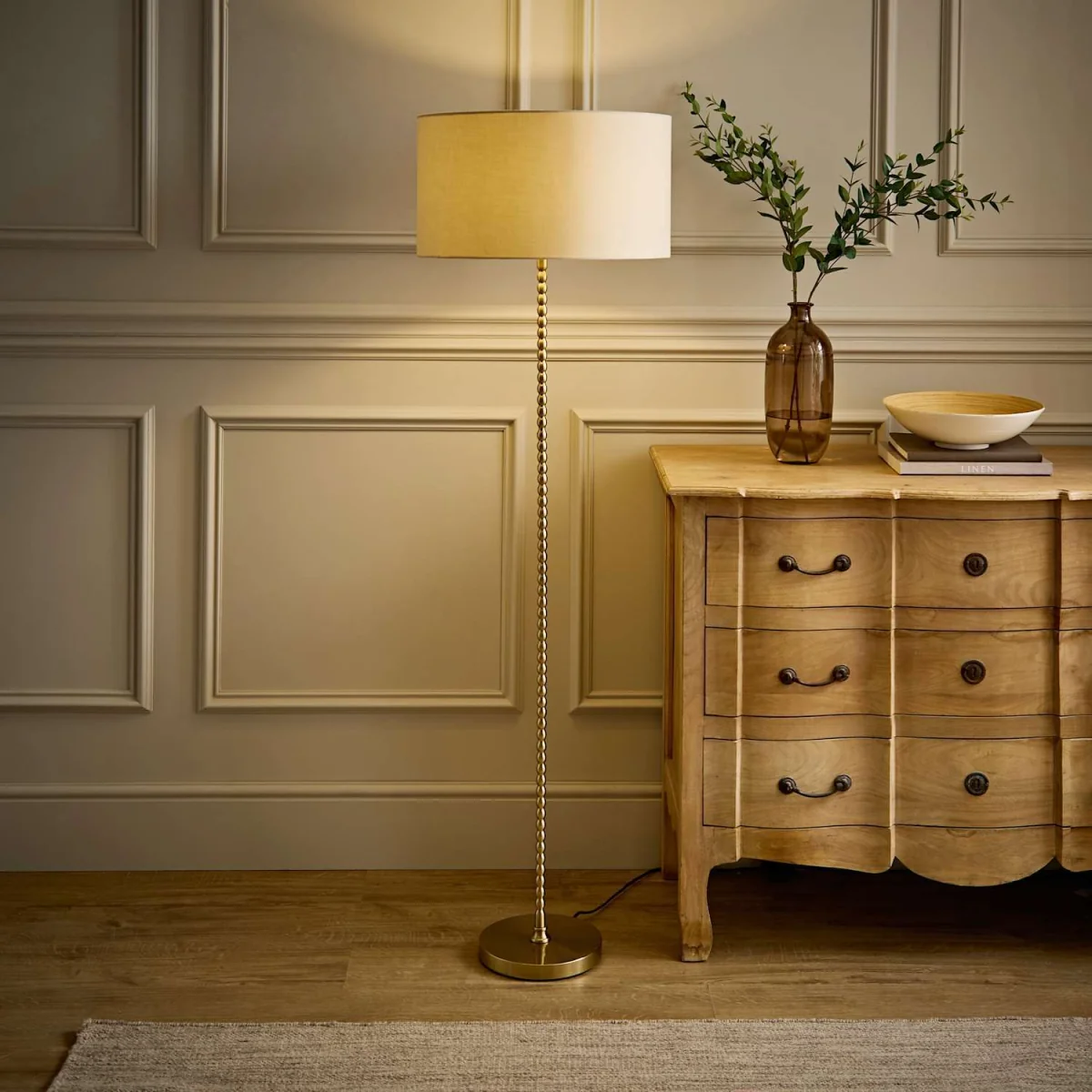 Maeve Natural Shade Bobbin Bobbled Floor Lamp - Matte Black Black Trim / No - Brushed Gold / 22cm – image 4