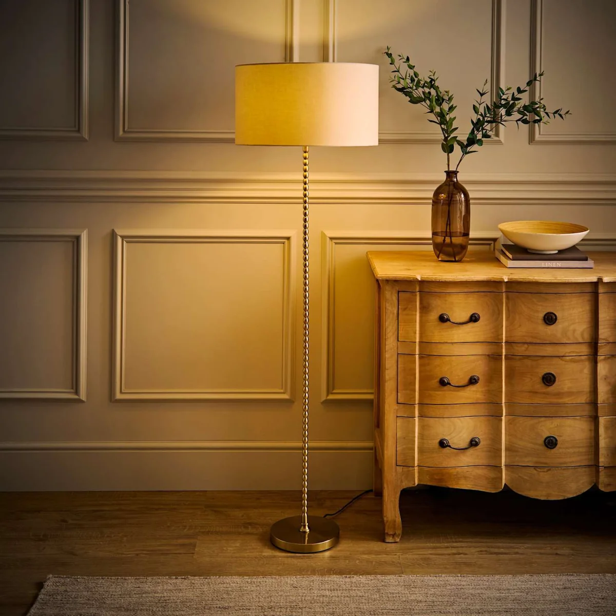 Maeve Natural Shade Bobbin Bobbled Floor Lamp - Matte Black Black Trim / No - Brushed Gold / 22cm – image 5