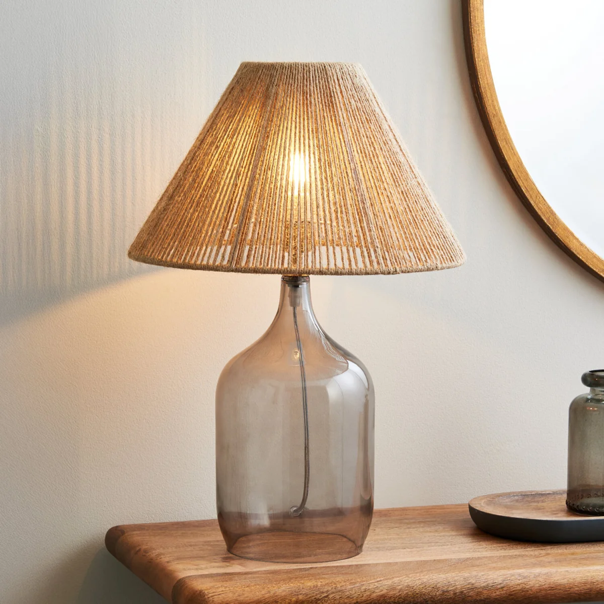 Kew Table Lamp With Shade - Smoked Glass And Natural Rattan – image 2