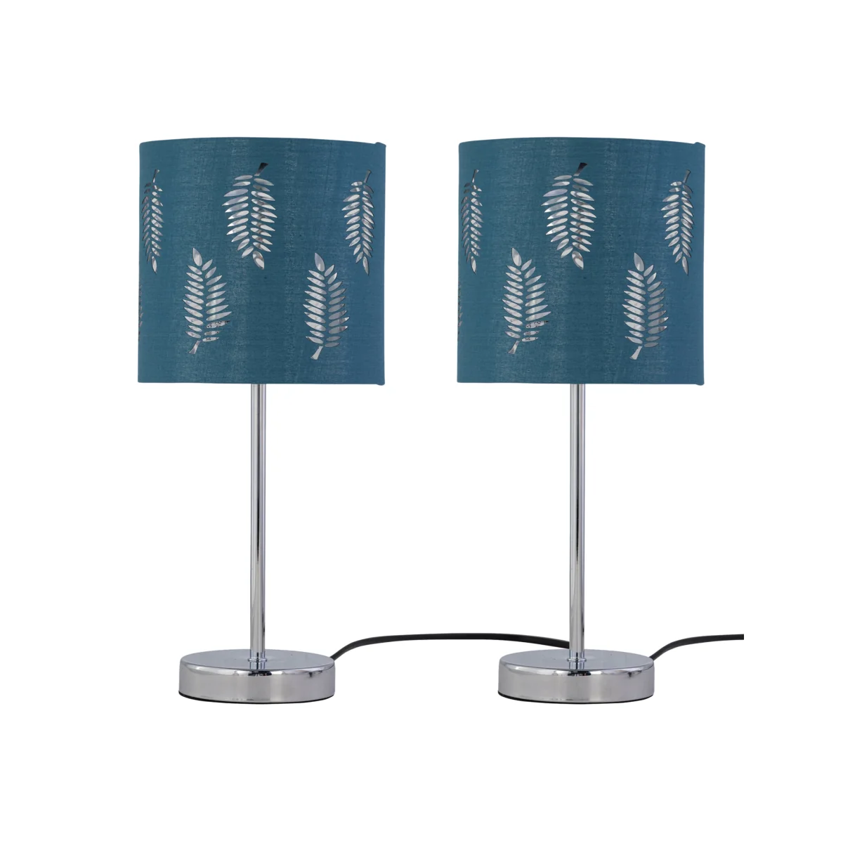 Set Of 2 Chrome Touch Operated Table Lamps With Teal Fern Shades - Chrome & Teal – image 1