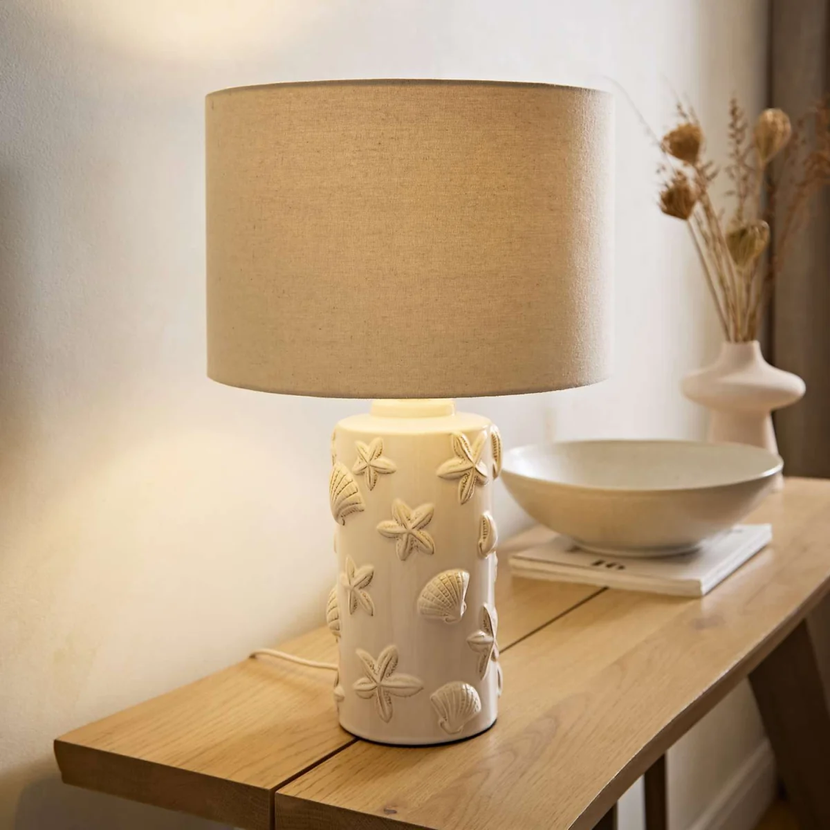 Selene Linen Shade Ceramic Embossed Seashell Table Lamp - Cream / 1.96kg – image 2