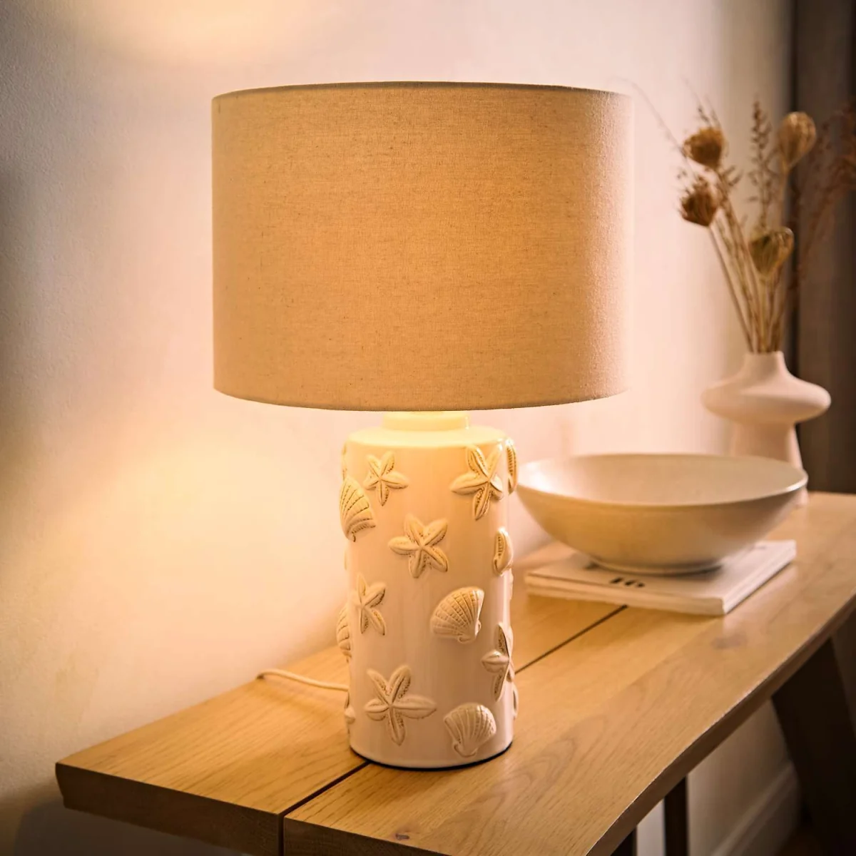 Selene Linen Shade Ceramic Embossed Seashell Table Lamp - Cream / 1.96kg – image 3