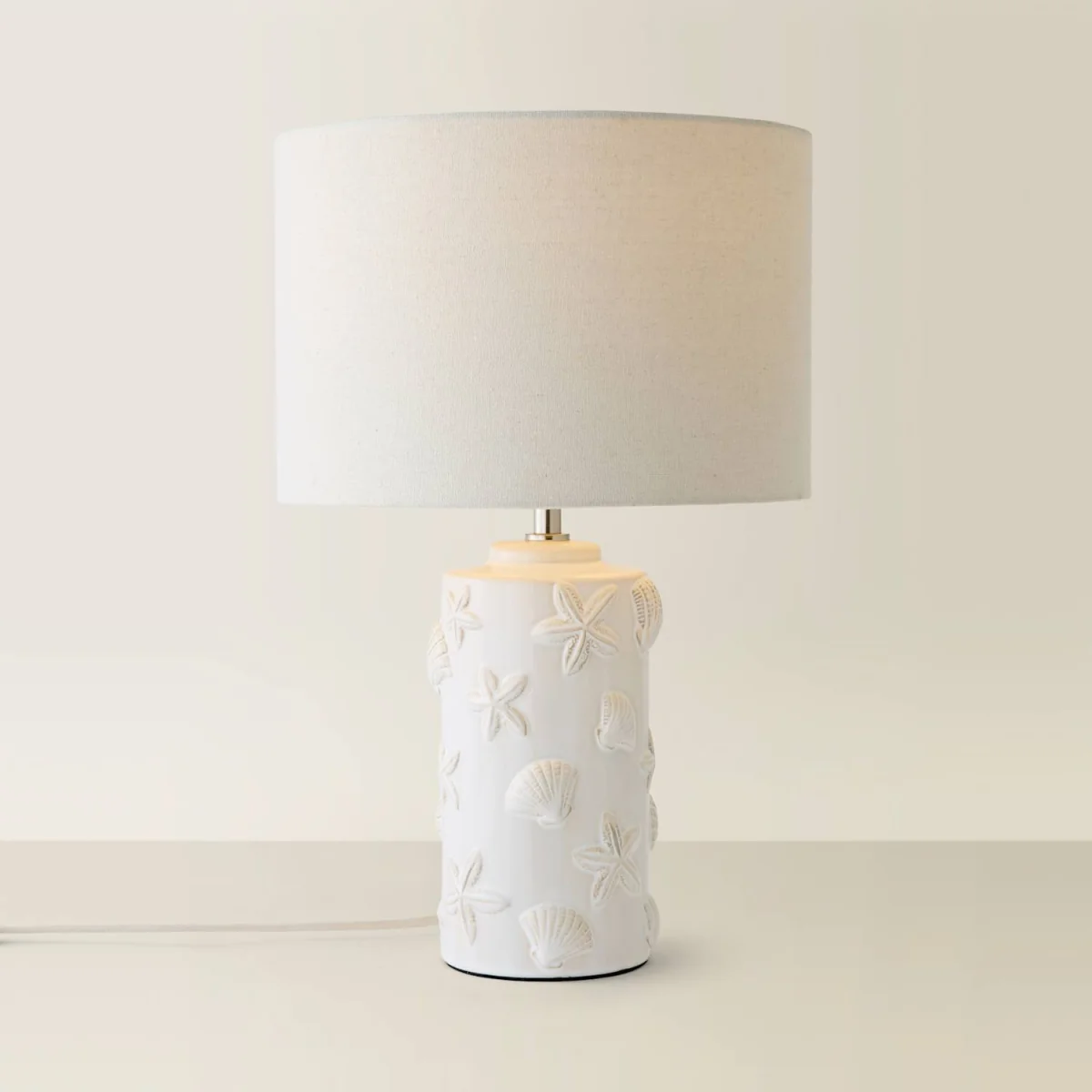 Selene Linen Shade Ceramic Embossed Seashell Table Lamp - Cream / 1.96kg – image 4