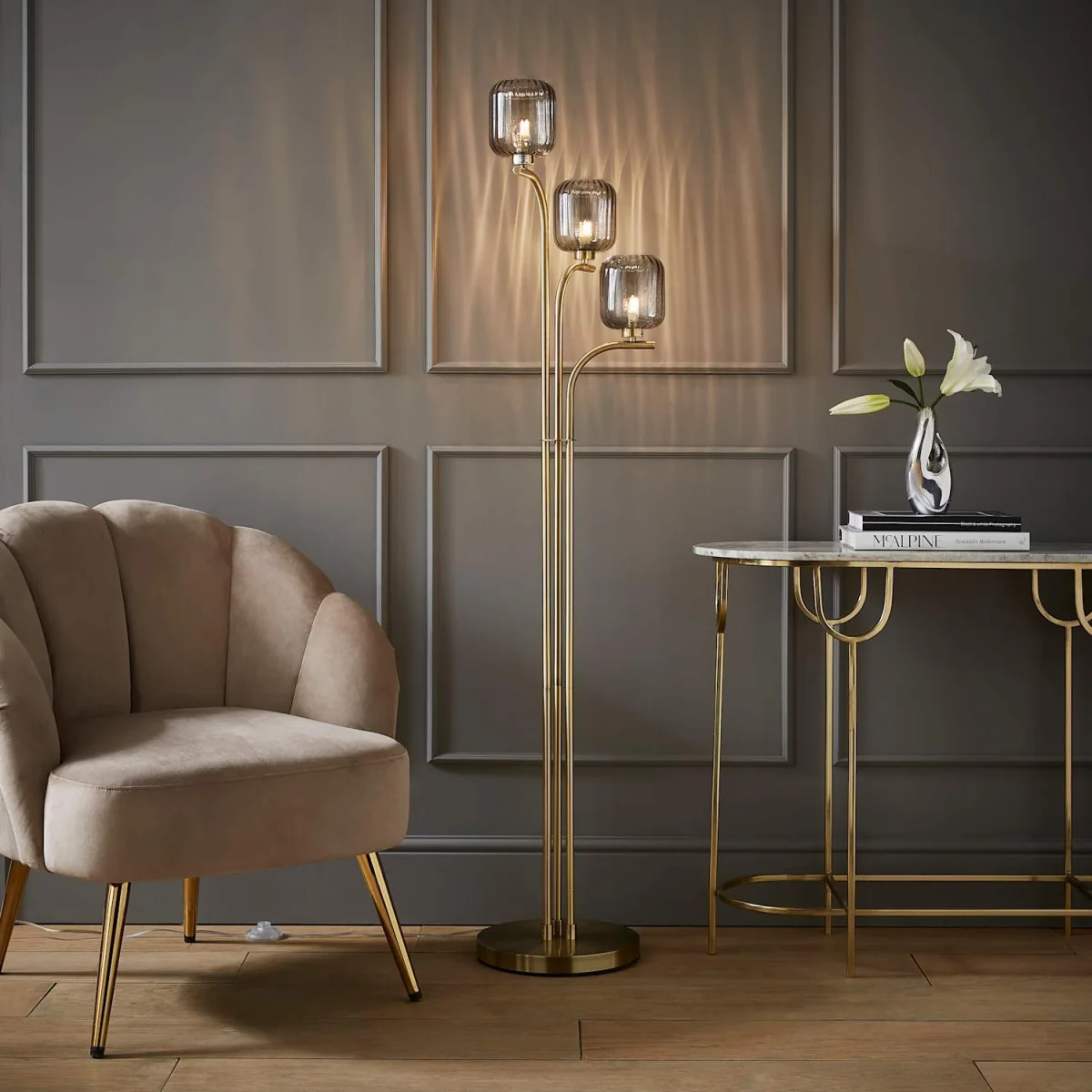 Amelie Gold Stem 3 Way Ribbed Glass Shade Floor Lamp - Gold / No - Gold – image 3