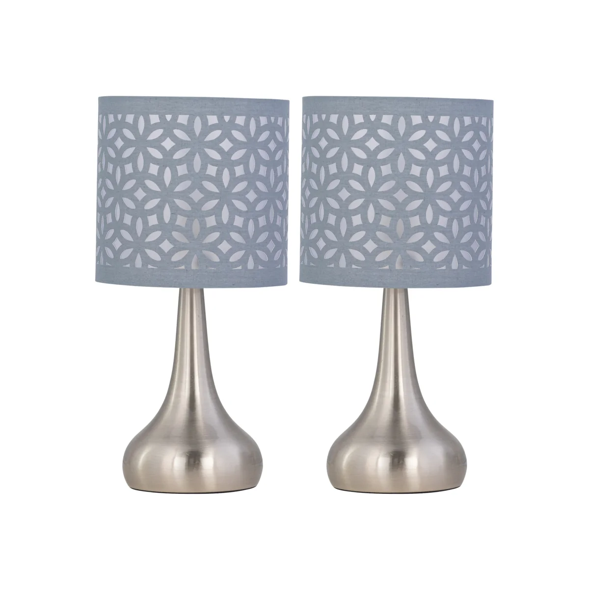 Set Of 2 Romana Brushed Chrome Touch Table Lamps Grey Cut Out Shades - Satin Nickel & Grey – image 1