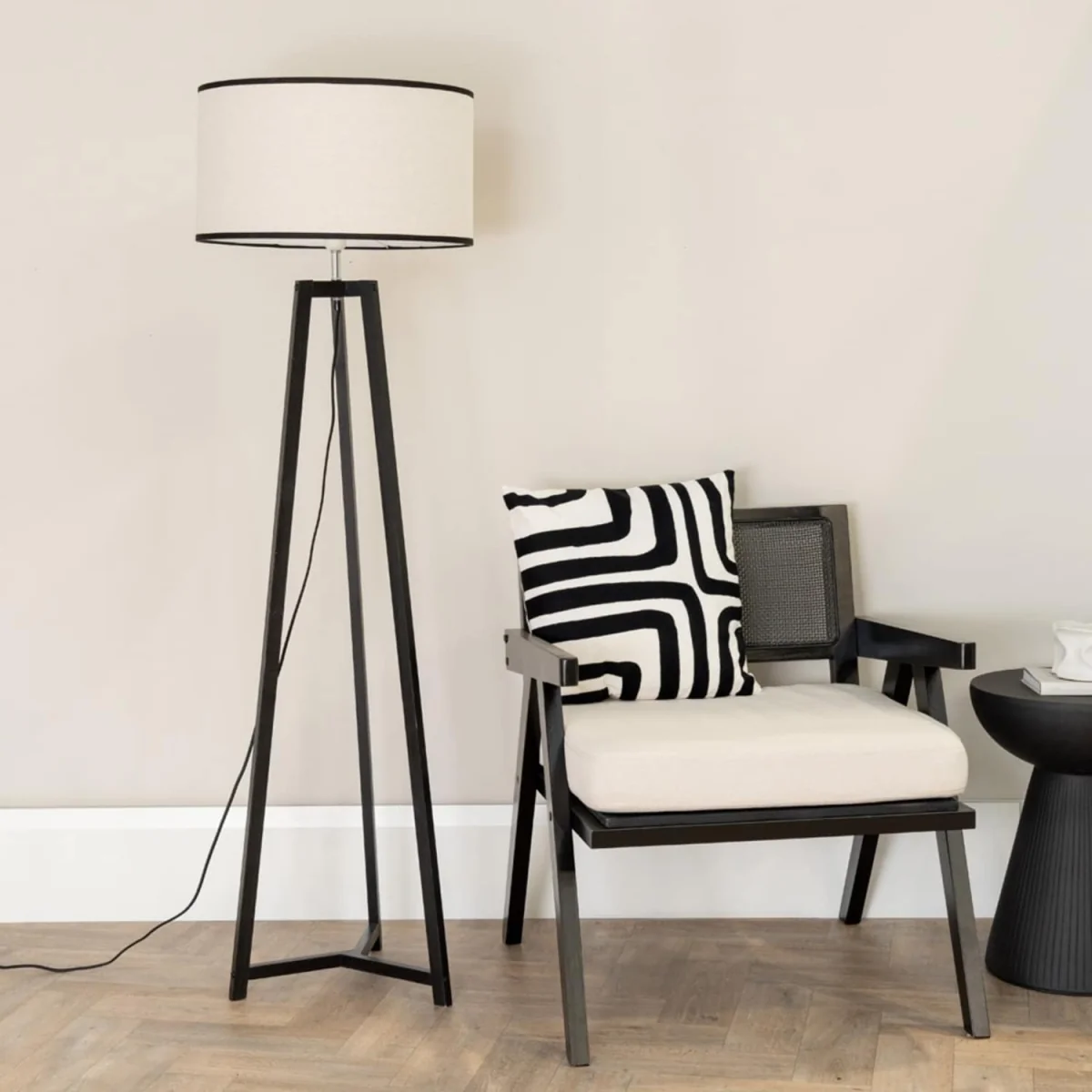 Lottie Black Wood Tripod Floor Lamp with Linen Black Trim Drum Lamp Shade - Black / No - Black – image 2
