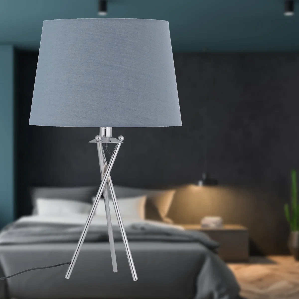 Tripod Table Lamp With Grey Cotton Fabric Shade - Chrome & Grey – image 5