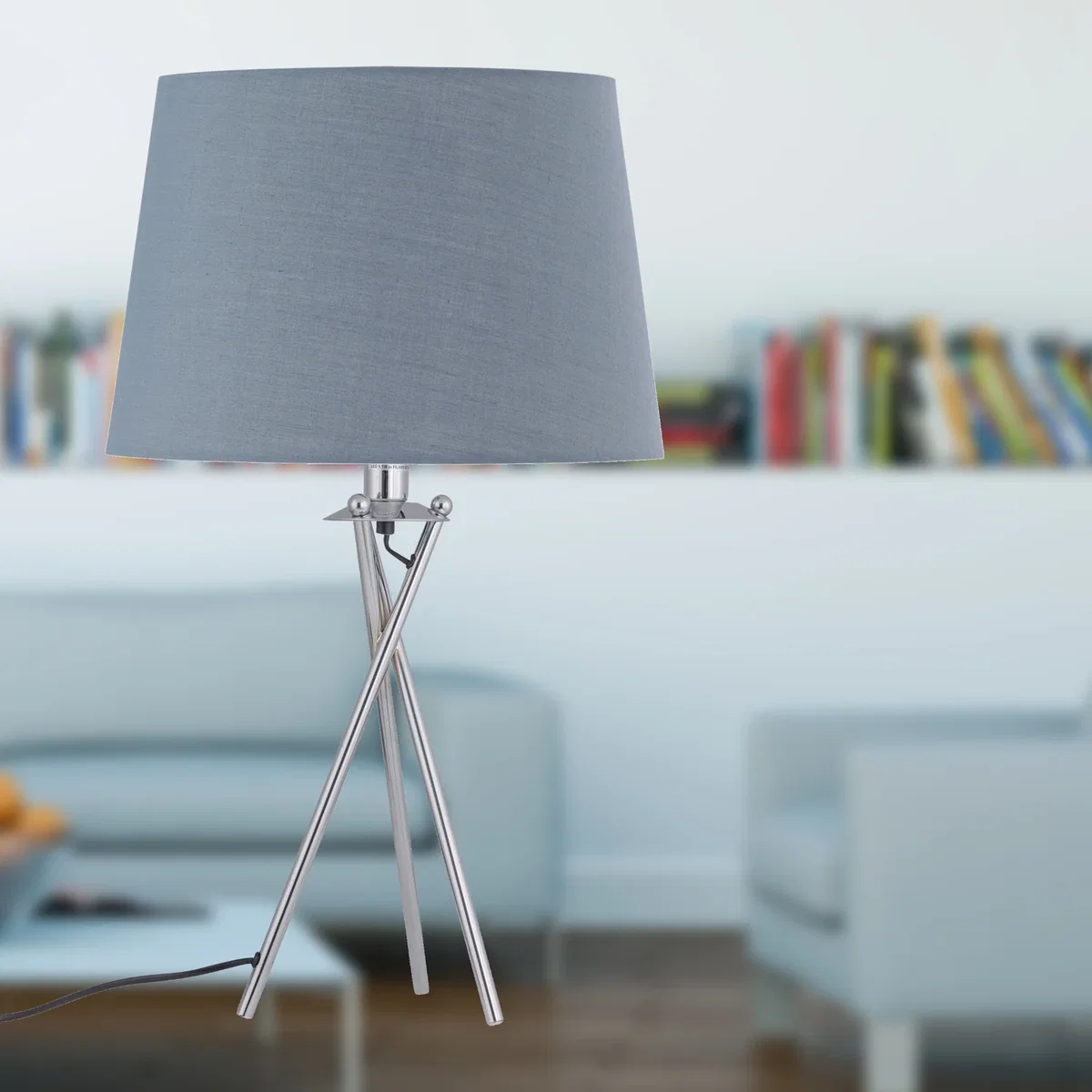 Tripod Table Lamp With Grey Cotton Fabric Shade - Chrome & Grey – image 6