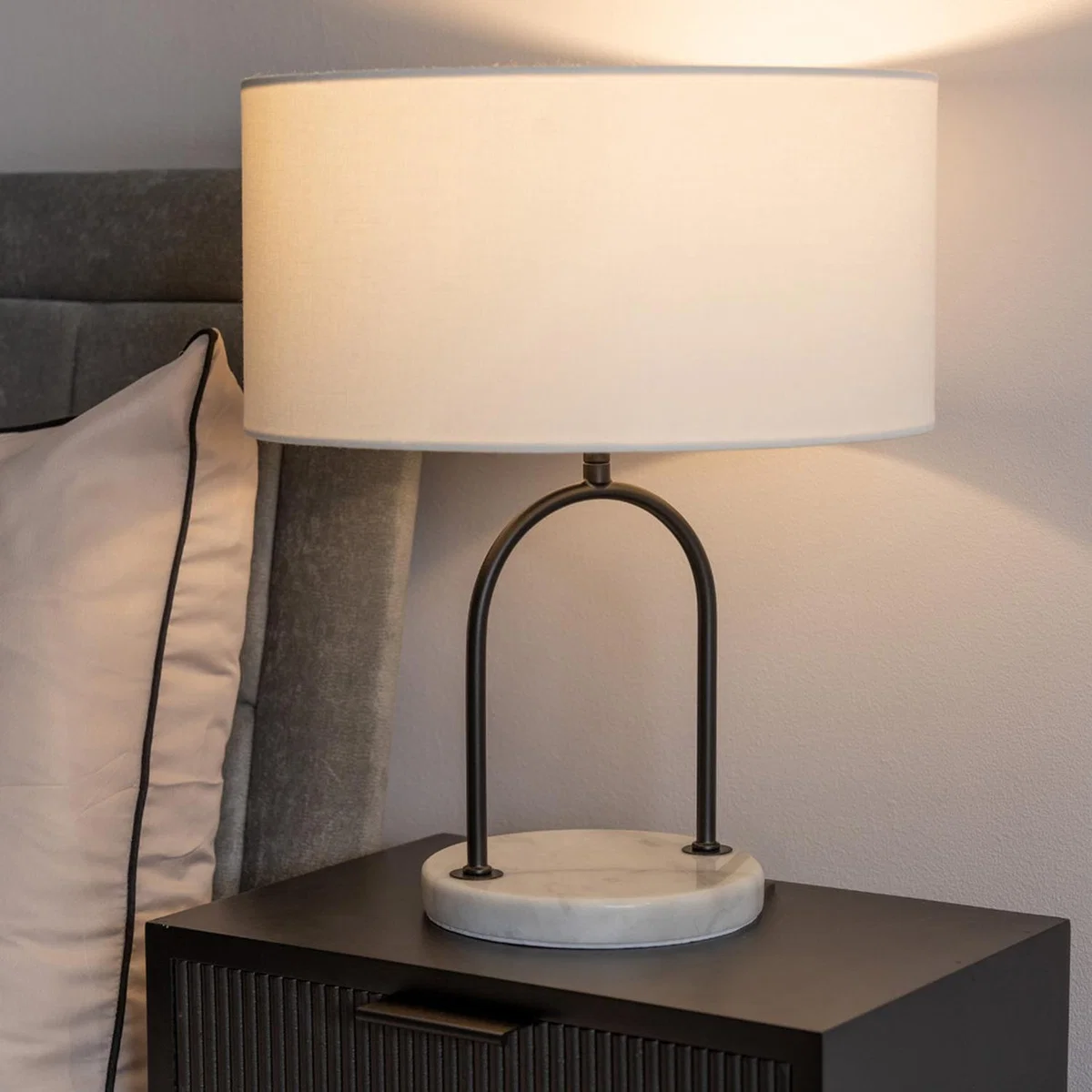 Rachel Arch Marble Base Table Lamp with Linen Shade and LED Bulb - Black