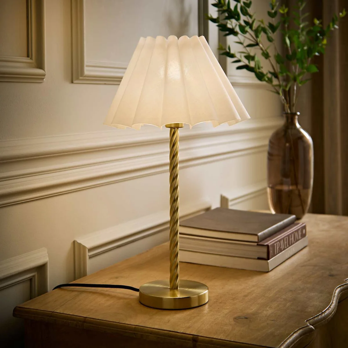 Maura Twisted Gold Metal Table Lamp with Pleated Taper Shade - White / 26cm – image 3